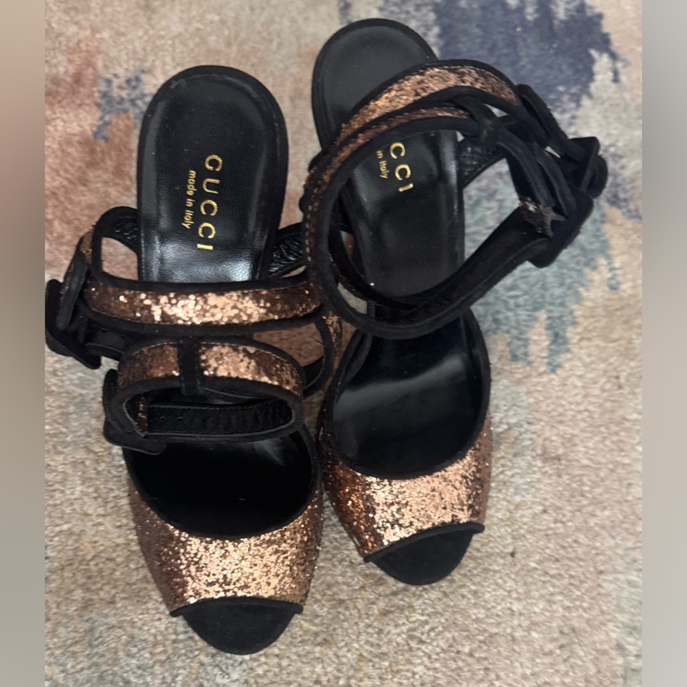 Authentic Gucci Women's Glitter Heels - Black and Bronze